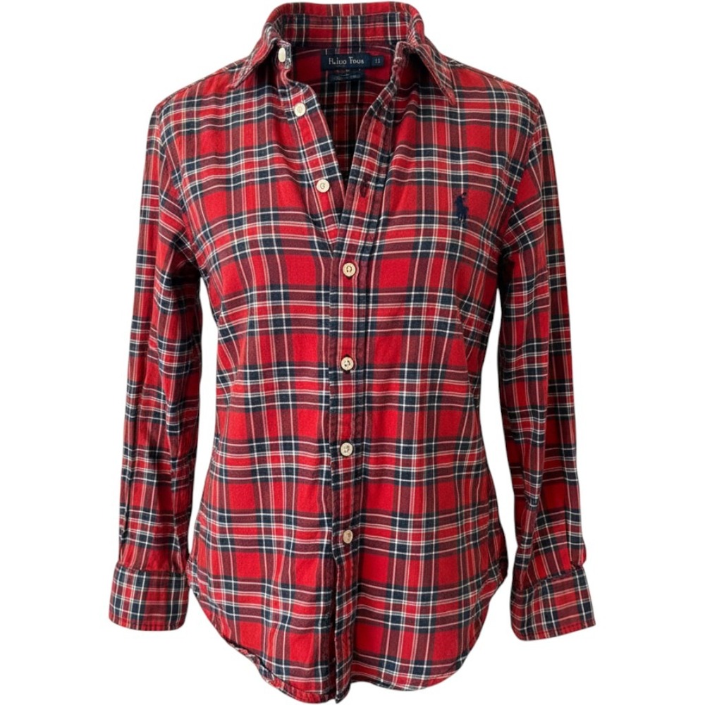 Polo Ralph Lauren Red Plaid Flannel Button Down Shirt Women Size M 10-12